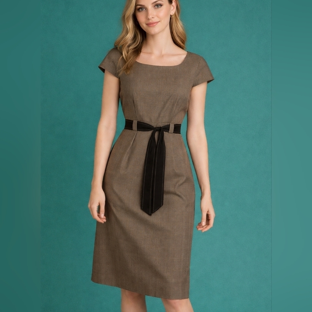 VTG STUDIO I 1980s Preppy Academia Cap Sleeve Tie Waist Sheath Below Knee Dress